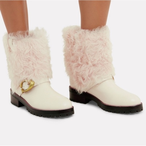 Coach Leighton Fur Shearling Mongolian Leather Bootie Ankle Boots in Chalk 7B - Picture 1 of 16